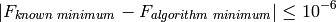 \lvert F_{known \hspace{3pt} minimum} - F_{algorithm \hspace{3pt} minimum} \rvert \leq 10^{-6}