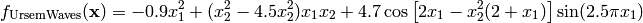 f_{\text{UrsemWaves}}(\mathbf{x}) = -0.9x_1^2 + (x_2^2 - 4.5x_2^2)x_1x_2 + 4.7 \cos \left[ 2x_1 - x_2^2(2 + x_1) \right ] \sin(2.5 \pi x_1)