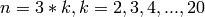 n = 3*k, k=2,3,4,...,20