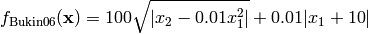 f_{\text{Bukin06}}(\mathbf{x}) = 100 \sqrt{ \lvert{x_2 - 0.01 x_1^{2}} \rvert} + 0.01 \lvert{x_1 + 10} \rvert
