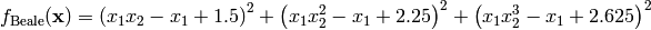f_{\text{Beale}}(\mathbf{x}) = \left(x_1 x_2 - x_1 + 1.5\right)^{2} + \left(x_1 x_2^{2} - x_1 + 2.25\right)^{2} + \left(x_1 x_2^{3} - x_1 + 2.625\right)^{2}