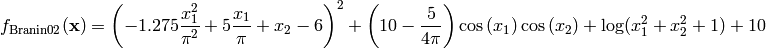 f_{\text{Branin02}}(\mathbf{x}) = \left(- 1.275 \frac{x_1^{2}}{\pi^{2}} + 5 \frac{x_1}{\pi} + x_2 -6\right)^{2} + \left(10 - \frac{5}{4 \pi} \right) \cos\left(x_1\right) \cos\left(x_2\right) + \log(x_1^2+x_2^2 +1) + 10