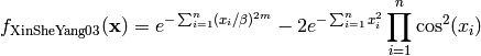f_{\text{XinSheYang03}}(\mathbf{x}) = e^{-\sum_{i=1}^{n} (x_i/\beta)^{2m}} - 2e^{-\sum_{i=1}^{n} x_i^2} \prod_{i=1}^{n} \cos^2(x_i)