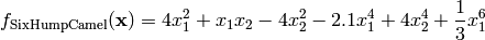 f_{\text{SixHumpCamel}}(\mathbf{x}) = 4x_1^2+x_1x_2-4x_2^2-2.1x_1^4+4x_2^4+\frac{1}{3}x_1^6