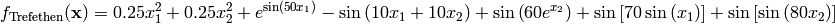 f_{\text{Trefethen}}(\mathbf{x}) = 0.25 x_{1}^{2} + 0.25 x_{2}^{2} + e^{\sin\left(50 x_{1}\right)} - \sin\left(10 x_{1} + 10 x_{2}\right) + \sin\left(60 e^{x_{2}}\right) + \sin\left[70 \sin\left(x_{1}\right)\right] + \sin\left[\sin\left(80 x_{2}\right)\right]