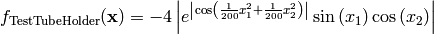 f_{\text{TestTubeHolder}}(\mathbf{x}) = - 4 \left | {e^{\left|{\cos\left(\frac{1}{200} x_{1}^{2} + \frac{1}{200} x_{2}^{2}\right)}\right|} \sin\left(x_{1}\right) \cos\left(x_{2}\right)}\right |