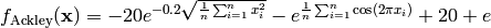 f_{\text{Ackley}}(\mathbf{x}) = -20e^{-0.2 \sqrt{\frac{1}{n} \sum_{i=1}^n x_i^2}} - e^{ \frac{1}{n} \sum_{i=1}^n \cos(2 \pi x_i)} + 20 + e