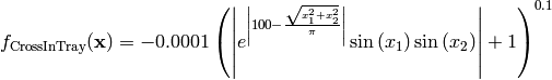 f_{\text{CrossInTray}}(\mathbf{x}) = - 0.0001 \left(\left|{e^{\left|{100 - \frac{\sqrt{x_{1}^{2} + x_{2}^{2}}}{\pi}}\right|} \sin\left(x_{1}\right) \sin\left(x_{2}\right)}\right| + 1\right)^{0.1}
