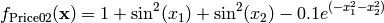 f_{\text{Price02}}(\mathbf{x}) = 1 + \sin^2(x_1) + \sin^2(x_2) - 0.1e^{(-x_1^2 - x_2^2)}