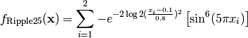 f_{\text{Ripple25}}(\mathbf{x}) = \sum_{i=1}^2 -e^{-2 \log 2 (\frac{x_i-0.1}{0.8})^2} \left[\sin^6(5 \pi x_i) \right]