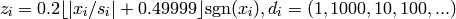 z_i = 0.2 \lfloor |x_i/s_i|+0.49999\rfloor\textrm{sgn}(x_i), d_i=(1,1000,10,100, ...)