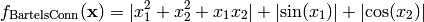 f_{\text{BartelsConn}}(\mathbf{x}) = \lvert {x_1^2 + x_2^2 + x_1x_2} \rvert + \lvert {\sin(x_1)} \rvert + \lvert {\cos(x_2)} \rvert