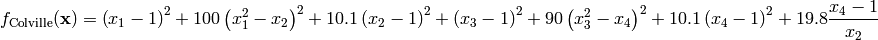 f_{\text{Colville}}(\mathbf{x}) = \left(x_{1} -1\right)^{2} + 100 \left(x_{1}^{2} - x_{2}\right)^{2} + 10.1 \left(x_{2} -1\right)^{2} + \left(x_{3} -1\right)^{2} + 90 \left(x_{3}^{2} - x_{4}\right)^{2} + 10.1 \left(x_{4} -1\right)^{2} + 19.8 \frac{x_{4} -1}{x_{2}}