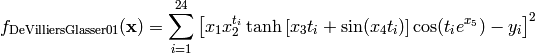 f_{\text{DeVilliersGlasser01}}(\mathbf{x}) = \sum_{i=1}^{24} \left[ x_1x_2^{t_i} \tanh \left [x_3t_i + \sin(x_4t_i) \right] \cos(t_ie^{x_5}) - y_i \right ]^2