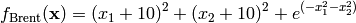 f_{\text{Brent}}(\mathbf{x}) = (x_1 + 10)^2 + (x_2 + 10)^2 + e^{(-x_1^2-x_2^2)}